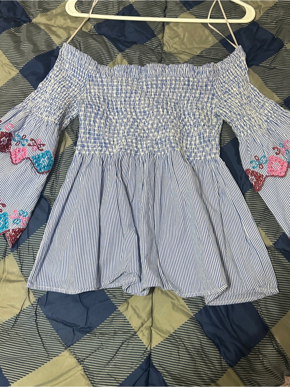 Q&A Nevil Smocked Waist detail off the Shoulder blue and white Striped Top Size
